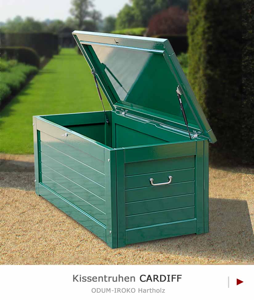 Wetterfest lackierte Kissentruhen CARDIFF aus dauerhaftem ODUM-IROKO Hartholz