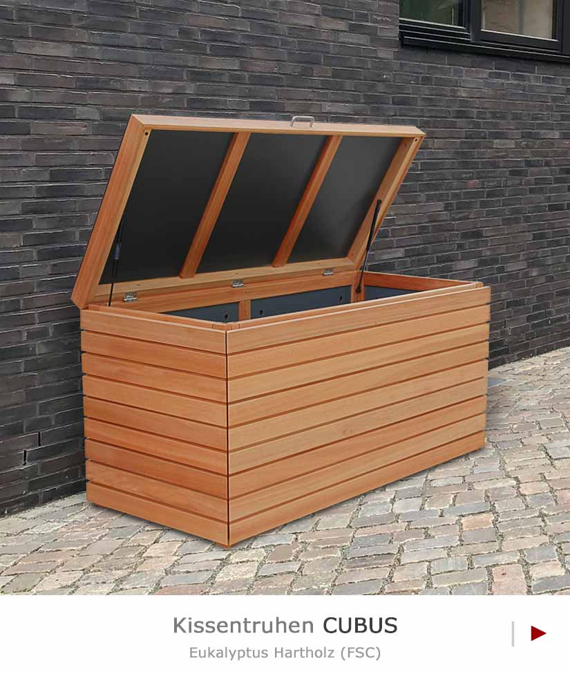 Moderne Kissentruhe CUBUS aus astfreiem Eukalyptus Hartholz (FSC)