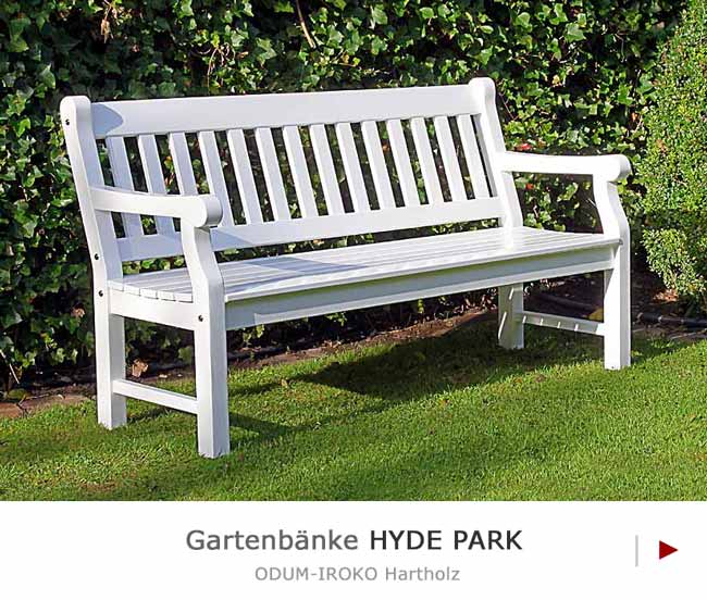 Englische Gartenbänke HYDE PARK aus astfreiem ODUM-IROKO Hartholz