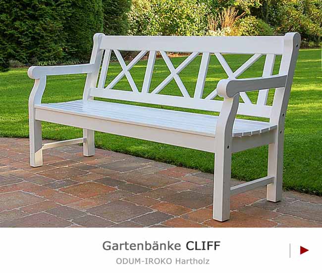 Englische Gartenbänke CLIFF aus astfreiem ODUM-IROKO Hartholz - wetterfest weiß lackiert