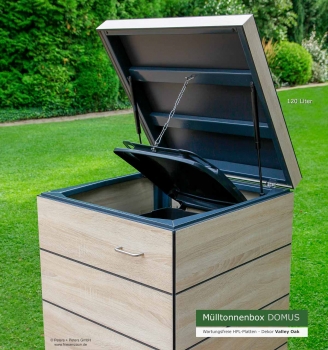 Preview: 1er Mülltonnenbox DOMUS 120 Preview: 1 x 120 Liter Mülltonnenverkleidung DOMUS - wartungsfreies HPL Dekor Valley Oak