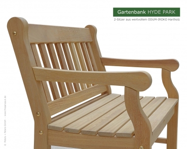 Preview: 2er Gartenbank HYDE PARK Exklusive - Natur Preview: 2er Gartenbank Hyde Park aus ODUM-IROKO Hartholz - Qualität aus Norddeutschland