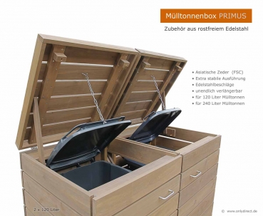 Preview: 4er Mülltonnenbox PRIMUS 240 Preview: 2er Mülltonnenverkleidung PRIMUS - Asiatische Zeder (FSC)  - 2 x 120  Liter