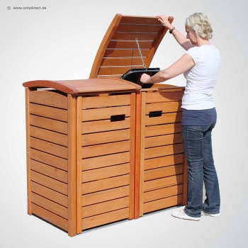 Preview: 3er Mülltonnenbox CLASSIC 120 - geölt Preview: 2 x 120 Liter Mülltonnenbox CLASSIC - astfreies FSC Eukalyptus Hartholz - geölt im Farbton Kastanie