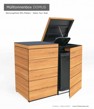 Preview: 2er Mülltonnenbox DOMUS 120 Preview: HPL Mülltonnenbox DOMUS 120  - HPL  Kunstharz -Dekor SUN TEAK - 2 x 120 Liter Abfalltonnen