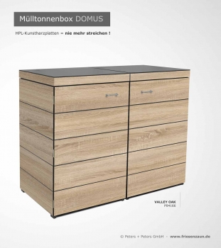 Preview: 2er Mülltonnenbox DOMUS 120 Preview: 2 x 120 Liter Mülltonnenbox DOMUS - wartungsfreie HPL-Platten - Dekor VALLEY OAK
