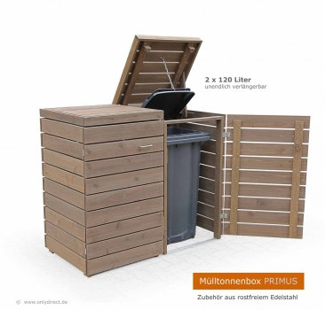 Preview: 4er Mülltonnenbox PRIMUS 240 Preview: Extra stabile Müllbox PRIMUS - FSC Zedernholz  - 2 x 120  Liter