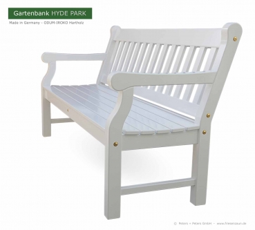 Preview: 3er Gartenbank HYDE PARK Exklusive - lackiert Preview: 3er Holzgartenbank Holzbank HYDE PARK - 150 cm Sitzbreite - ODUM-IROKO Hartholz wetterfest weiß lackiert