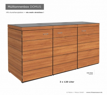 Preview: 3er Mülltonnenbox DOMUS 120 Preview: 3er Mülltonnenbox DOMUS aus wartungsfreien HPL Dekor SUN TEAK - 120 Liter Mülltonnen - Dekor SUN TEAK