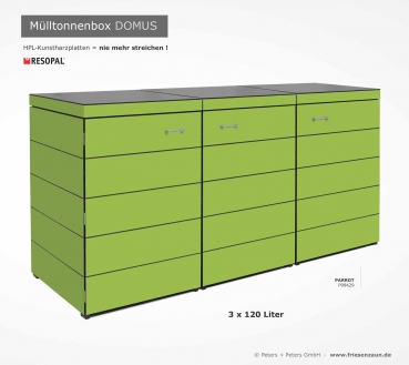 Preview: 3er Mülltonnenbox DOMUS 120 Preview: 3er Mülltonnenbox aus wartungsfreien HPL Dekor  PARROT - 120 Liter Mülltonnen