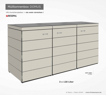 Preview: 3er Mülltonnenbox DOMUS 120 Preview: 3 x 120 Liter Müllbox DOMUS - HPL Dekor SOFT GREY - nie mehr streichen !