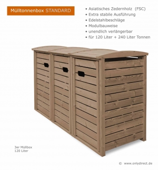 Preview: 3er Mülltonnenbox STANDARD 120 Preview: 3fach Mülltonnenbox FSC Holz (asiatische Zeder)