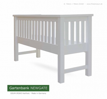 Preview: Gartenbank NEWGATE - lackiert Preview: Gartenbank NEWGATE - Die moderne Holzgartenbank aus wertvollem ODUM-IROKO Hartholz - lieferbar in weiß, grün, anthrazit + 200 RAL-Farben