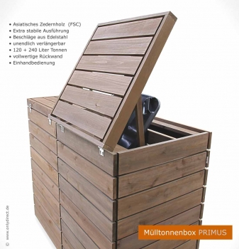 Preview: 3er Mülltonnenbox PRIMUS 240 Preview: Moderne Mülltonnenbox im Clubus-Design  - 2 x 120 Liter Mülltonnenbox aus asiatischer Zeder FSC