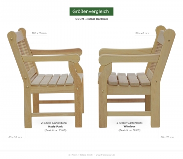 Preview: 3er Gartenbank HYDE PARK Exklusive - Natur Preview: Vergleich 2-Sitzer Gartenbank Hyde Park mit 2-Sitzer Gartenbank WINDSOR - Ausführung ODUM-IROKO Hartholz Natur