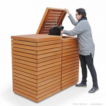 Preview: 2er Mülltonnenbox CUBUS 120 - geölt Preview: Mülltonnenbox CUBUS - praktische Bedienung mit einer Hand